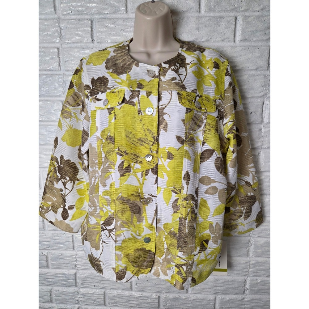 ALFRED DUNNER jacket Women's size 14 3/4 sleeve Yellow Tan Pearl Button NWT
